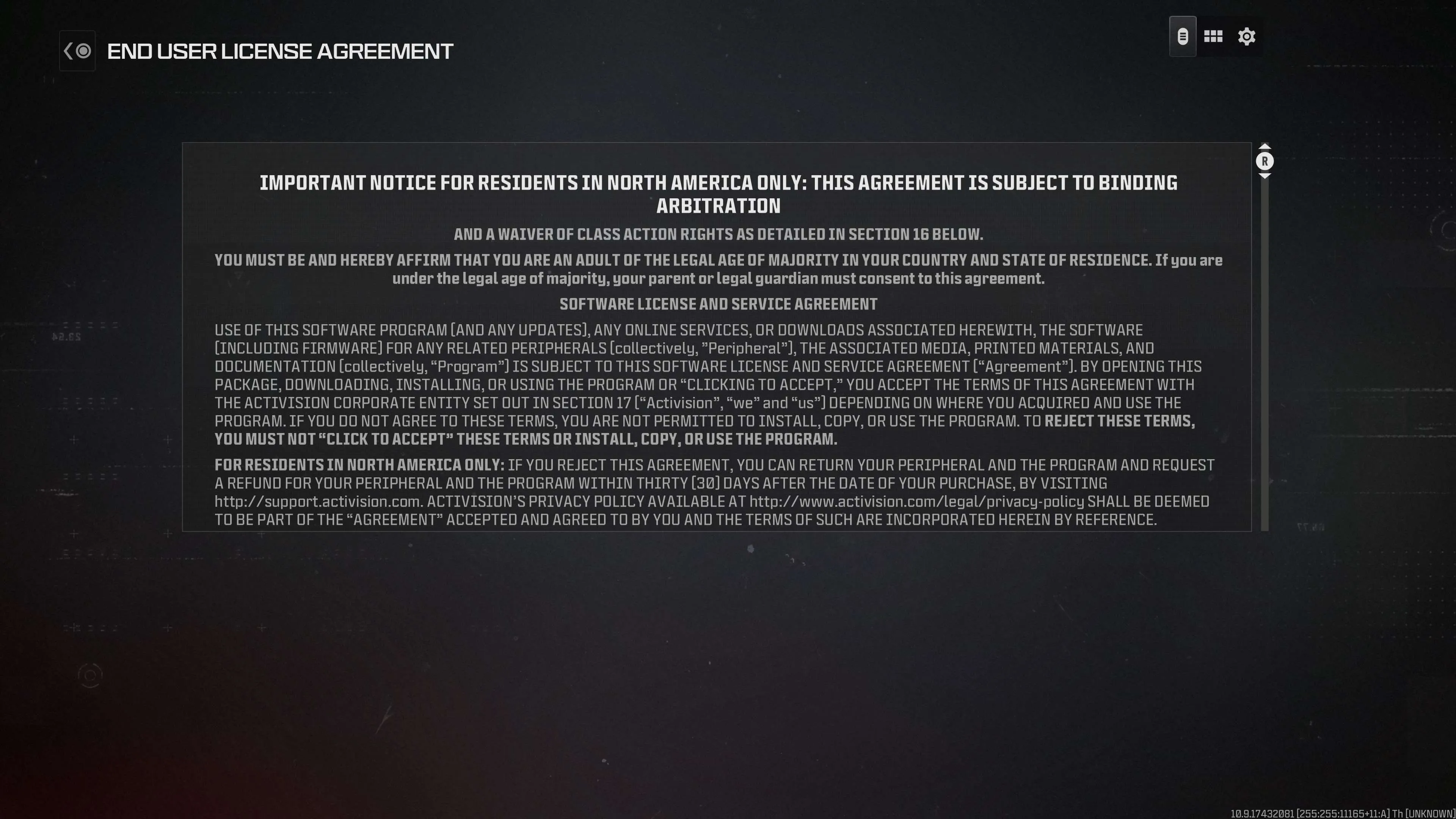 Call of Duty EULA screen on PS5, built with Javascript